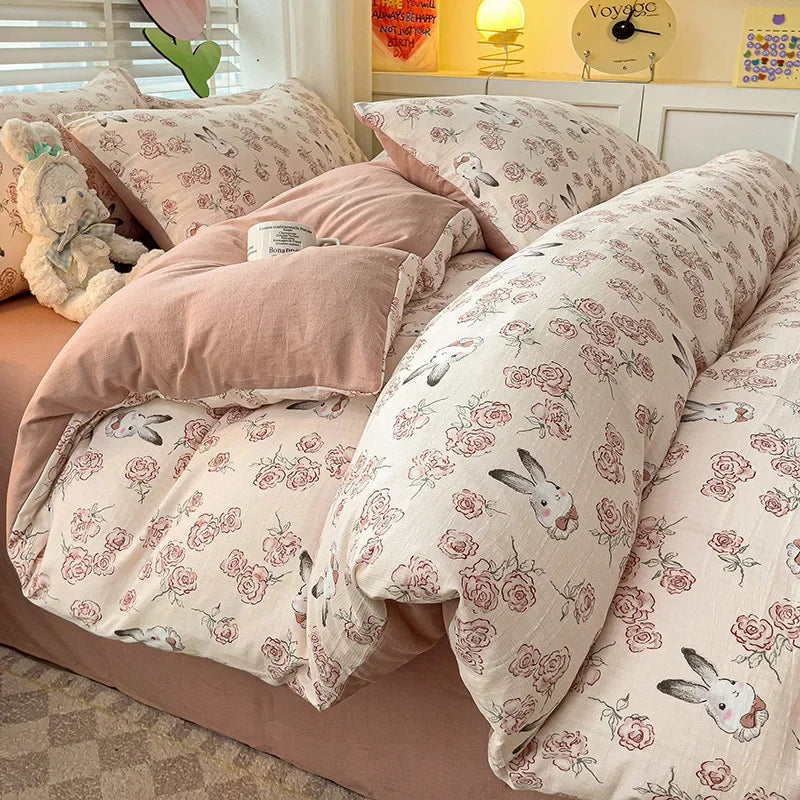 Afralia™ Flower Print Bedding Set 200X230Cm Soft Cotton Duvet Cover Set