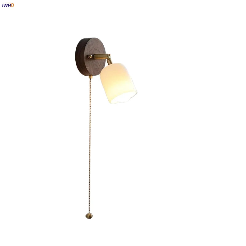 Afralia™ Walnut Wood LED Wall Lights Bedroom Copper Rotate Glass Pull Chain Switch