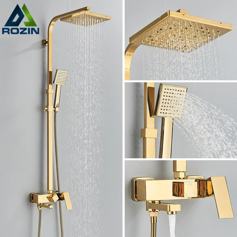 Afralia™ Golden Shower Faucet Set with 8" Rainfall Shower, Wall Mounted Hand Shower