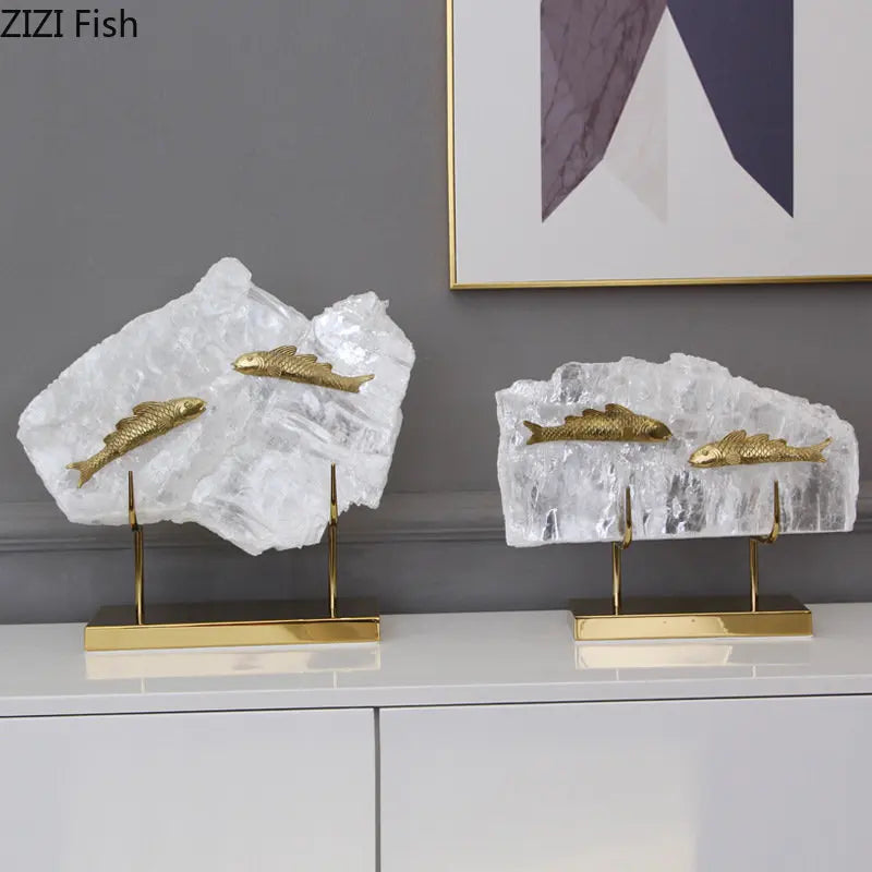 Afralia™ Golden Fish Crystal Ornament Home Decoration Metal Statue