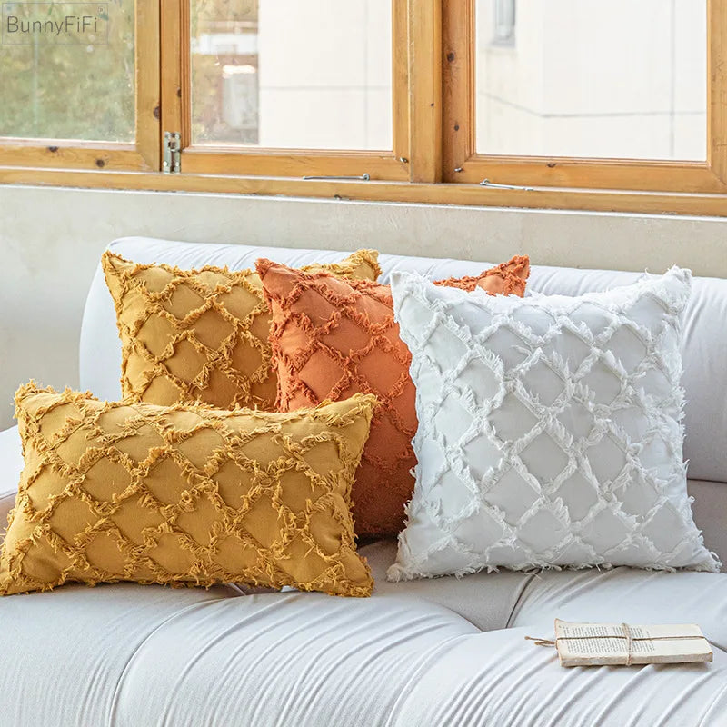 Afralia™ Cotton Diamond Cushion Cover in Mustard Orange Beige for Living Room Sofa Bed