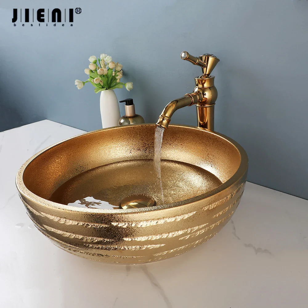 Afralia™ Golden Ceramic Bathroom Basin Set with Gold Faucet and Mixer Taps