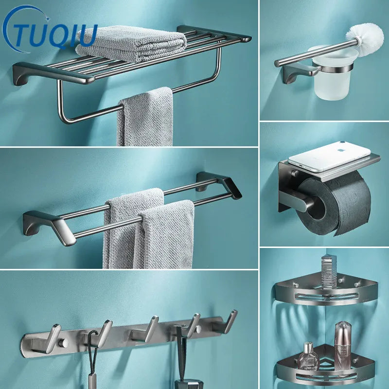 Afralia™ Grey Bathroom Accessories Set: Paper Holder, Corner Shelf, Towel Rack, Toilet Brush Holder, Towel Holder