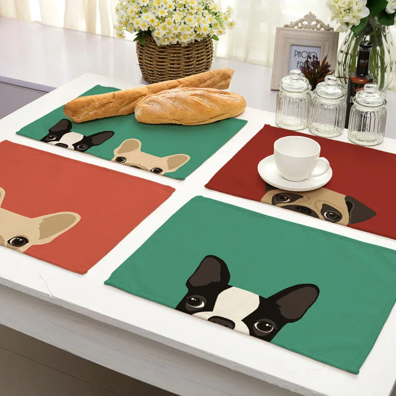 Afralia™ Dog Cat Pattern Cotton Linen Dining Table Mats 32*42cm