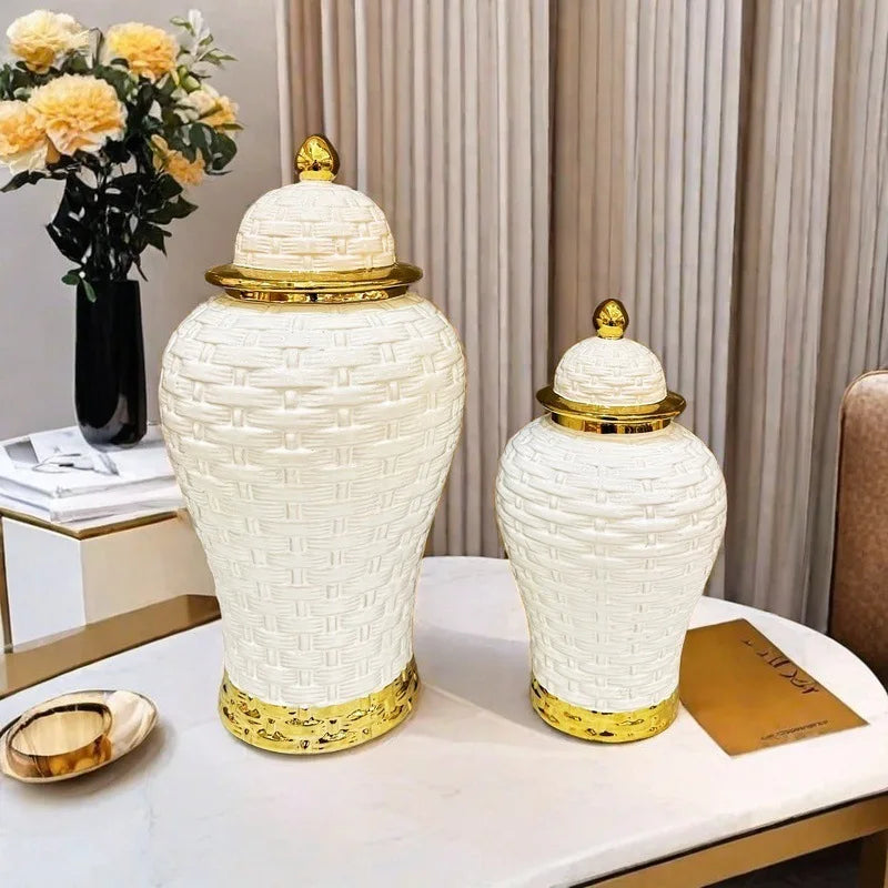 Afralia™ Golden Flower Vase Ceramic Checkmate Jar Weave Pattern Home Decoration Accessories