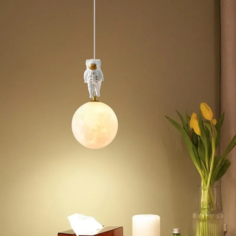 Afralia™ Astronaut Moon LED Pendant Light for Children's Room, Nordic Iron Design.