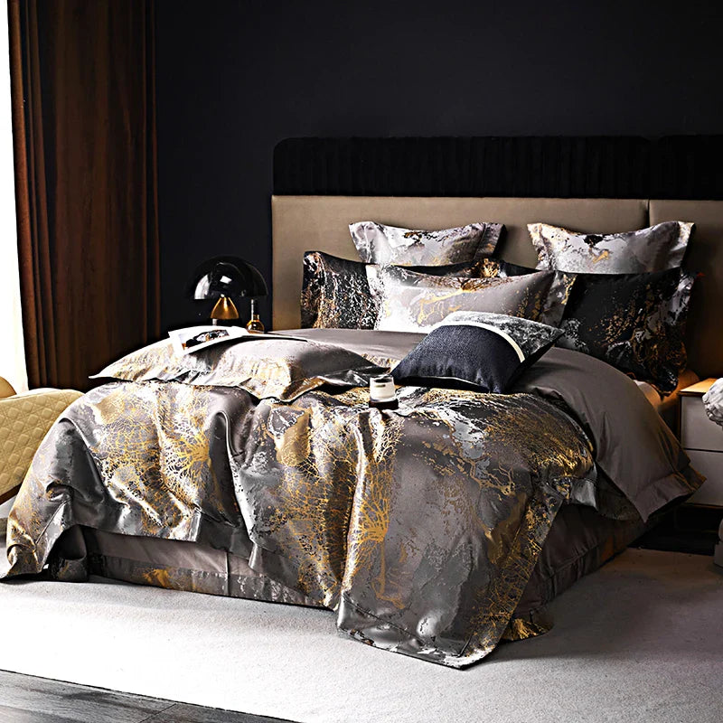 Afralia™ Silver Gray Satin Jacquard 1000TC Egyptian Cotton Bedding Set, Queen King Size