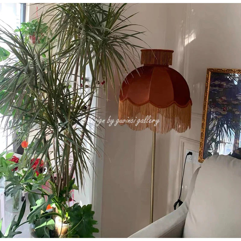 Afralia™ Peach Velvet Tassel Lampshade: Luxury Victorian Style for Floor & Table Lamps