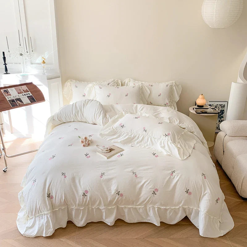 Afralia™ Rose Flowers Ruffle Lace Bedding Set, Washed Cotton Duvet Cover, Skin Friendly