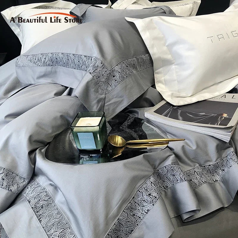 Afralia™ Grey Hollow Lace 1000TC Egyptian Cotton Bedding Set with Wide Edge