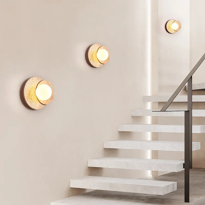 Afralia™ Wood White Glass LED Wall Sconce Yellow Travertine Mirror Light