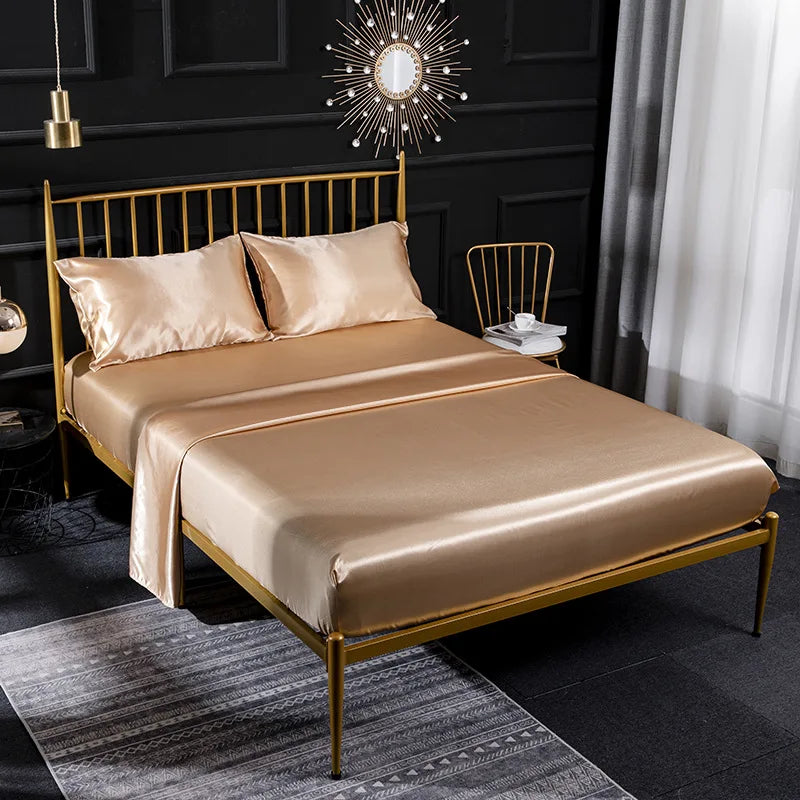Afralia™ Solid Satin King Fitted Sheet Set Double Queen Size Luxury Bedding Solution
