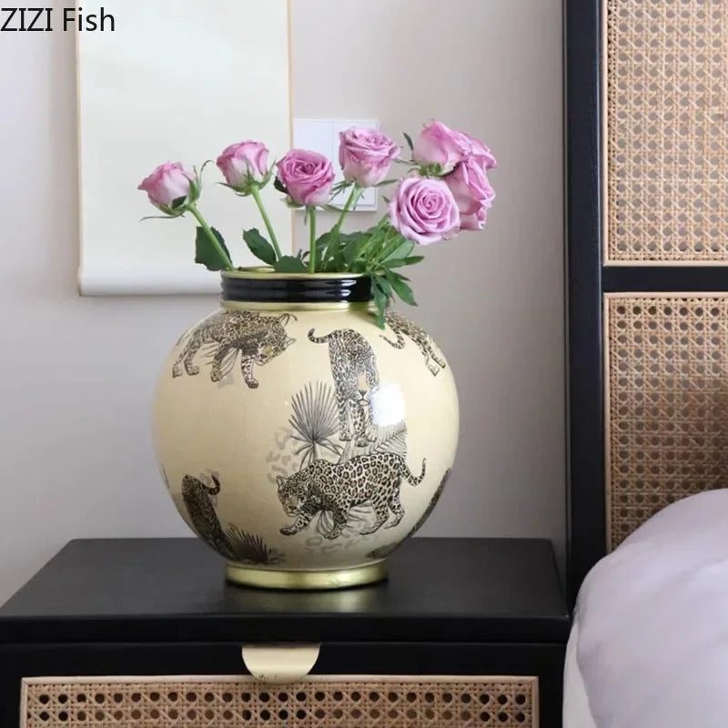 Afralia™ Tiger Pattern Ceramic Vase Desk Decoration Vintage Floral Room Decor