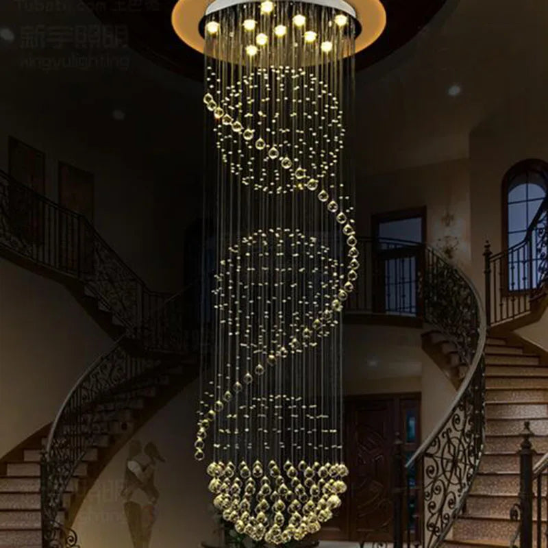 Afralia™ Long LED Crystal Spiral Chandelier for Staircase Showcase Hotel Bedroom Hall