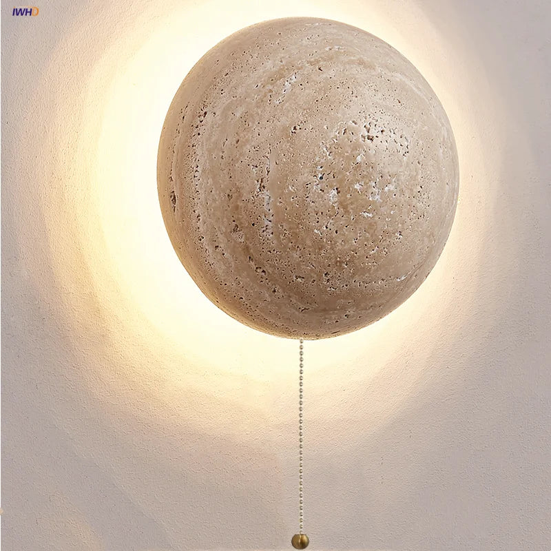 Afralia™ Travertine Wood Canopy LED Wall Sconce Lamp Japan Style Bedside Light