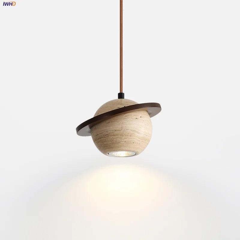 Afralia™ LED Pendant Lights Wood Home Decor Yellow Stone Globe Hanging Lamp