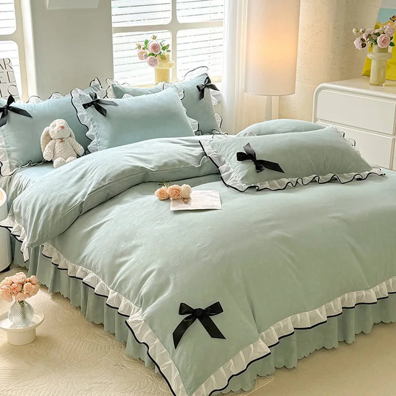 Afralia™ Lace Bow Bed Skirt Bedding Set in Romantic Solid Color for King Queen Double Sizes