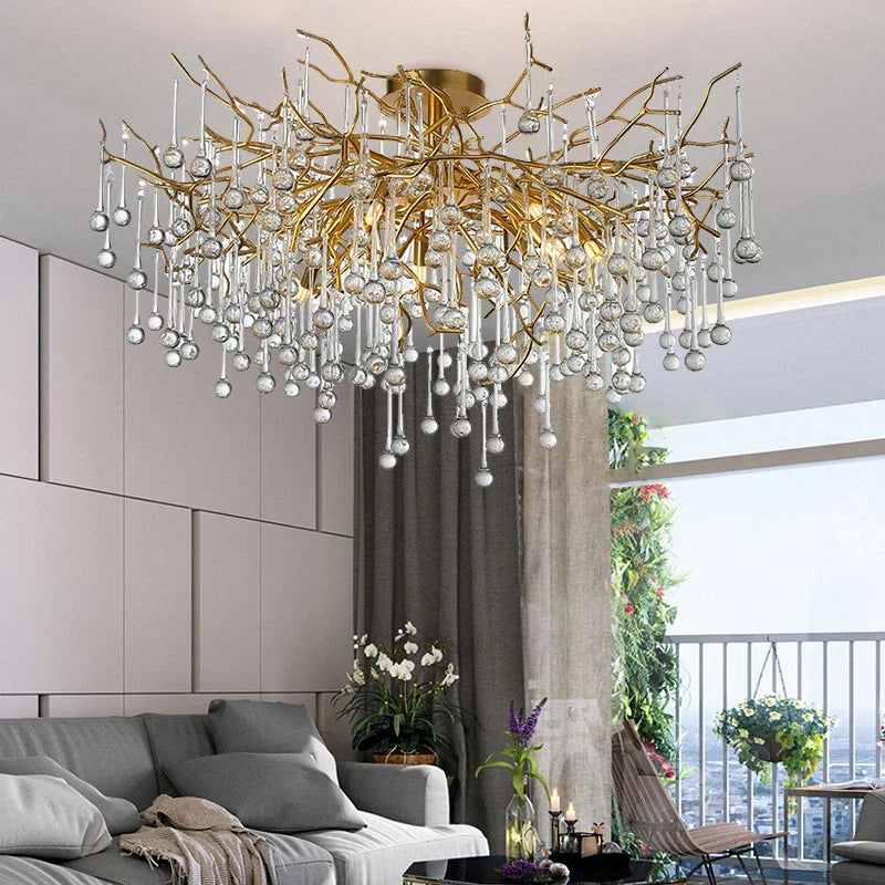 Afralia™ Modern Crystal Gold Tree Branch Ceiling Chandelier for Bedroom and Living Room