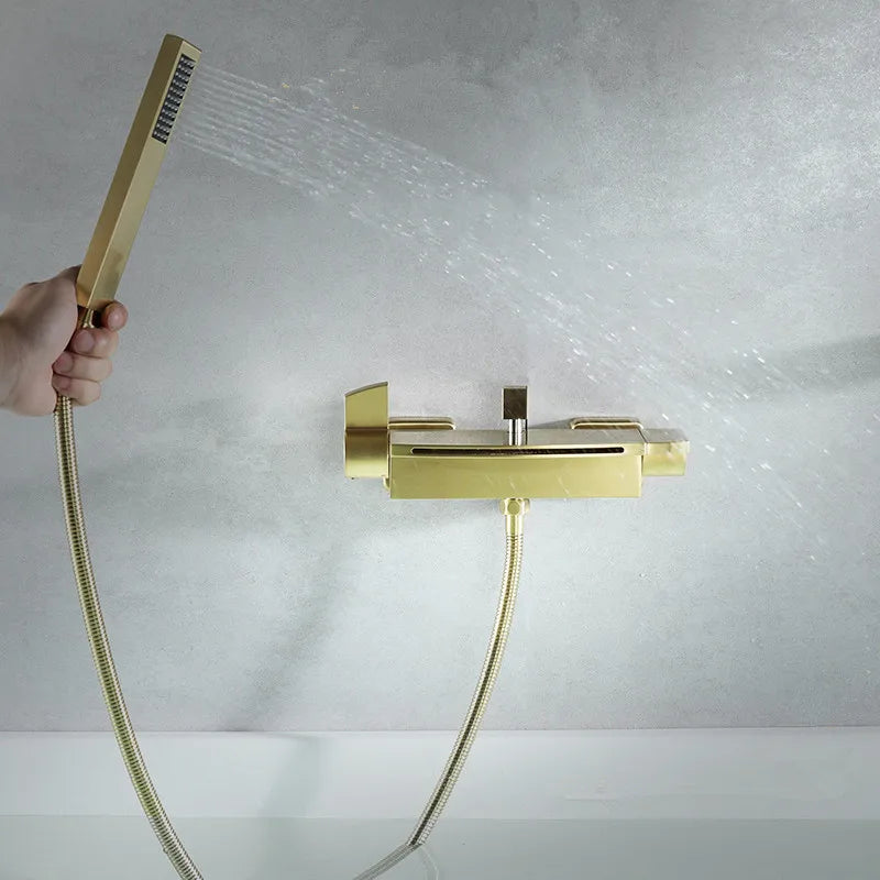 Afralia™ Brushed Gold Tub Shower Faucet Set with Waterfall Handheld Mixer