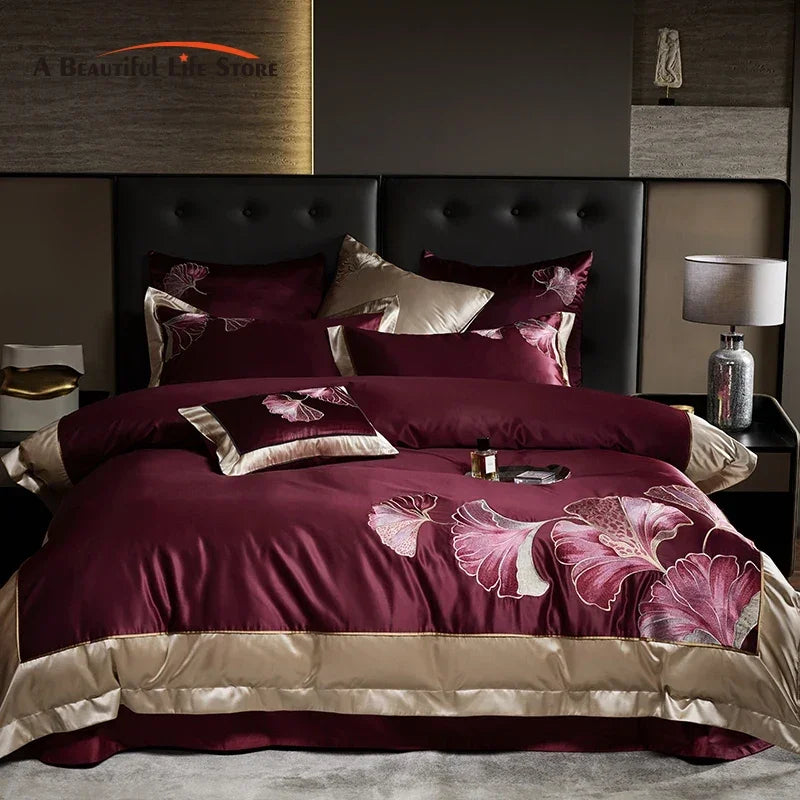 Afralia™ Ginkgo Biloba Embroidery 1000TC Egyptian Cotton Bedding Set