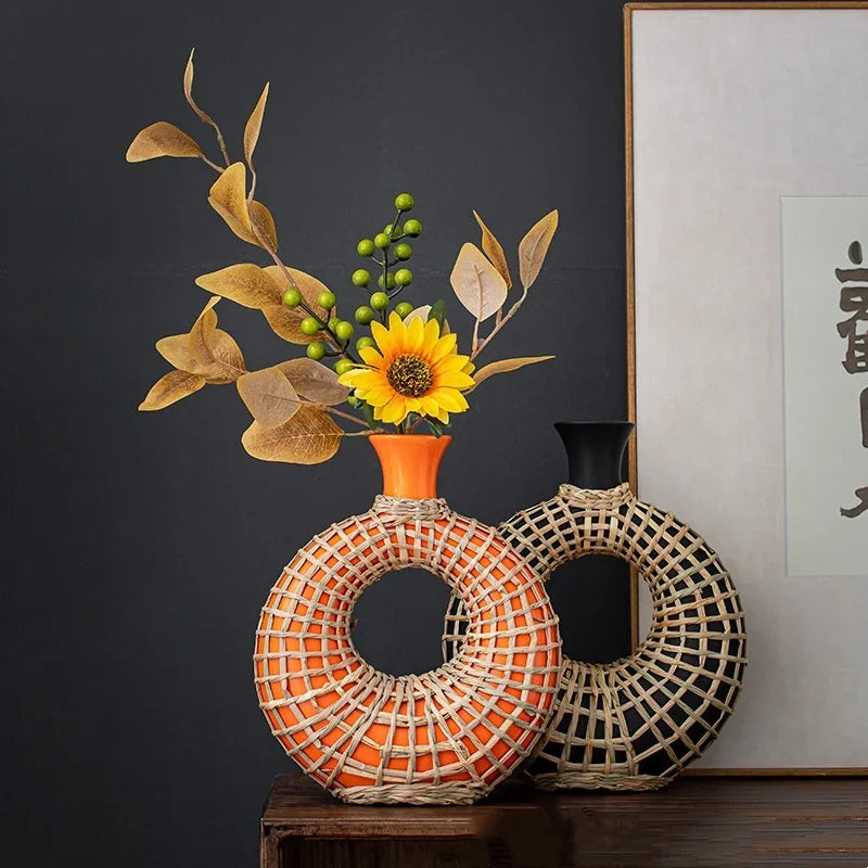 Afralia™ Rattan Vase: Geometric Ceramic & Straw Plaited Floral Arrangement Home Decor