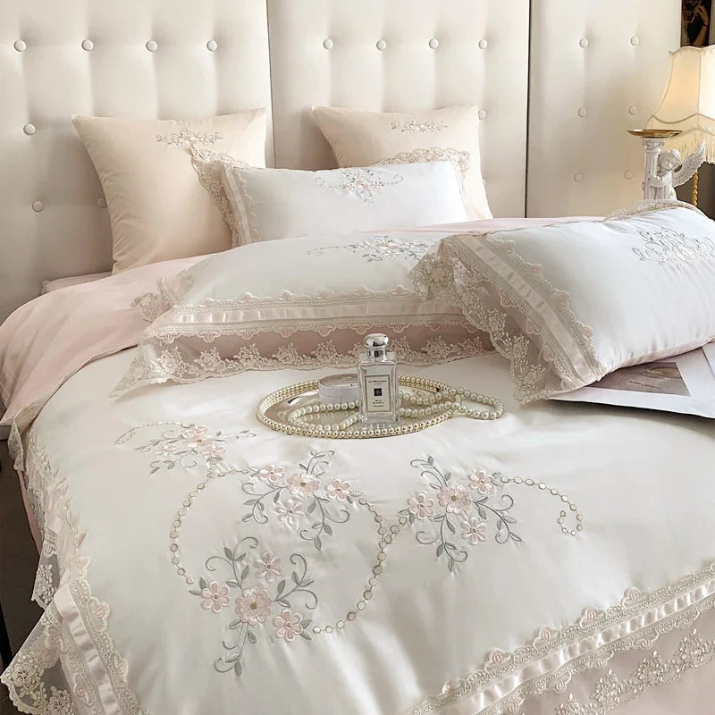 Afralia™ French Lace Flowers Embroidery Wedding Bedding Set 1200TC - Luxurious and Romantic Cotton Duvet Cover Set
