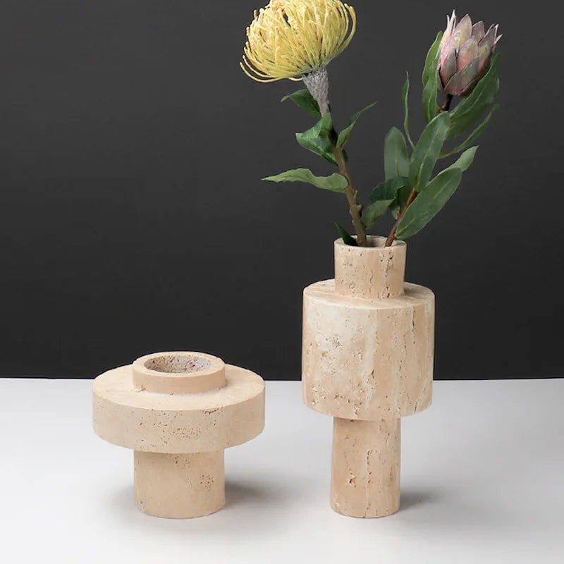 Afralia™ Beige Travertine Stone Vase for Living Room Hotel Dining Table