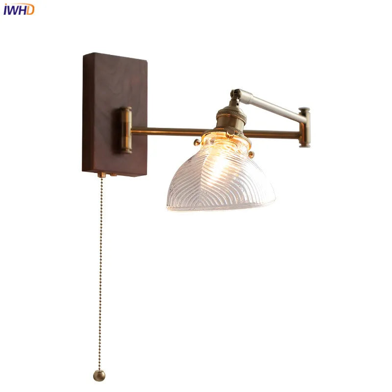 Afralia™ Clear Glass Copper LED Wall Light with Pull Chain Switch & Walnut Wood Canopy