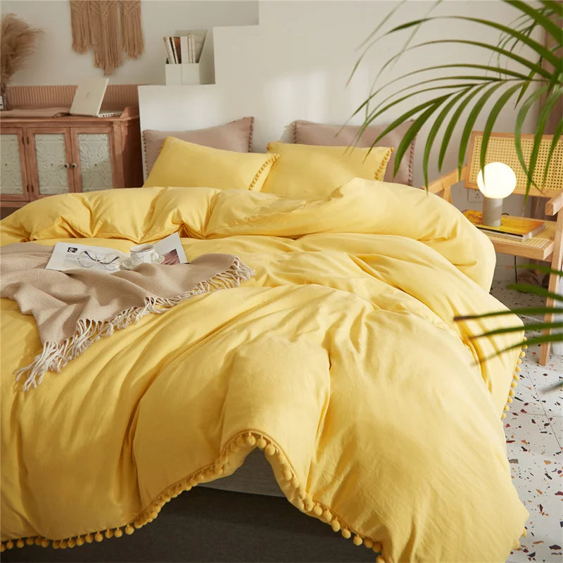 Afralia™ Luxe Furball Tasseled Yellow Bedding Set Queen/King Size Duvet Cover & Soft Bed Cover Sets