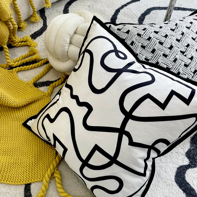 Afralia™ Nordic Velvet Line Print Plaid Cushion Cover 45x45cm Souk Throw Pillow Home Décor