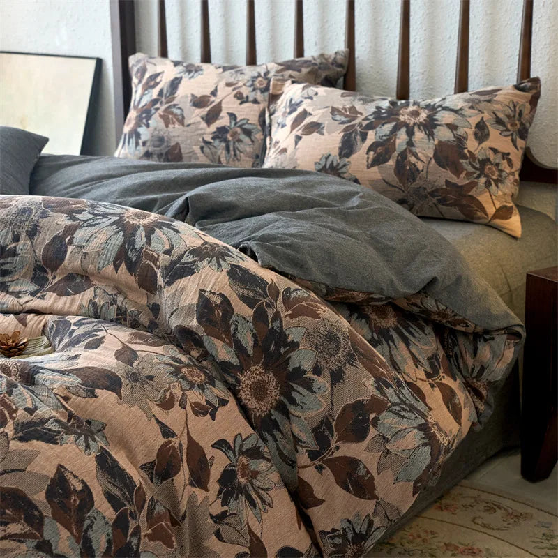 Afralia™ 100% Cotton Double-Layer Floral Jacquard Duvet Cover Set