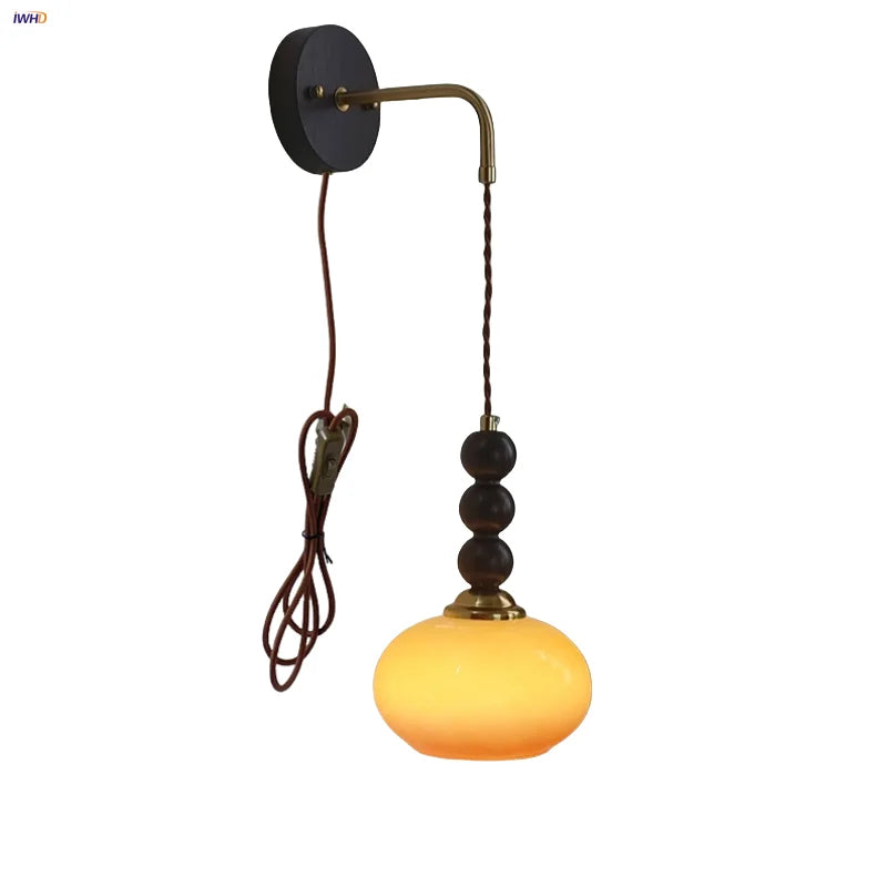 Afralia™ Vintage Wood Ball LED Wall Sconce Amber Glass Wall Light Fixture