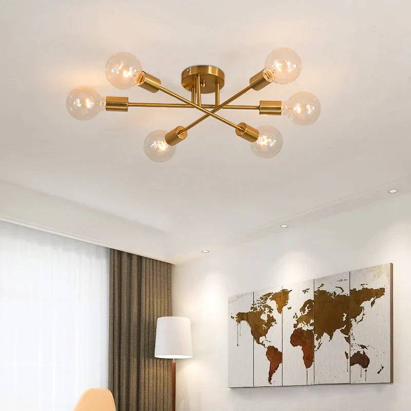 Afralia™ Sputnik Ceiling Lights: Brushed Antique Gold 6-Light Fixture for Modern Home Decor
