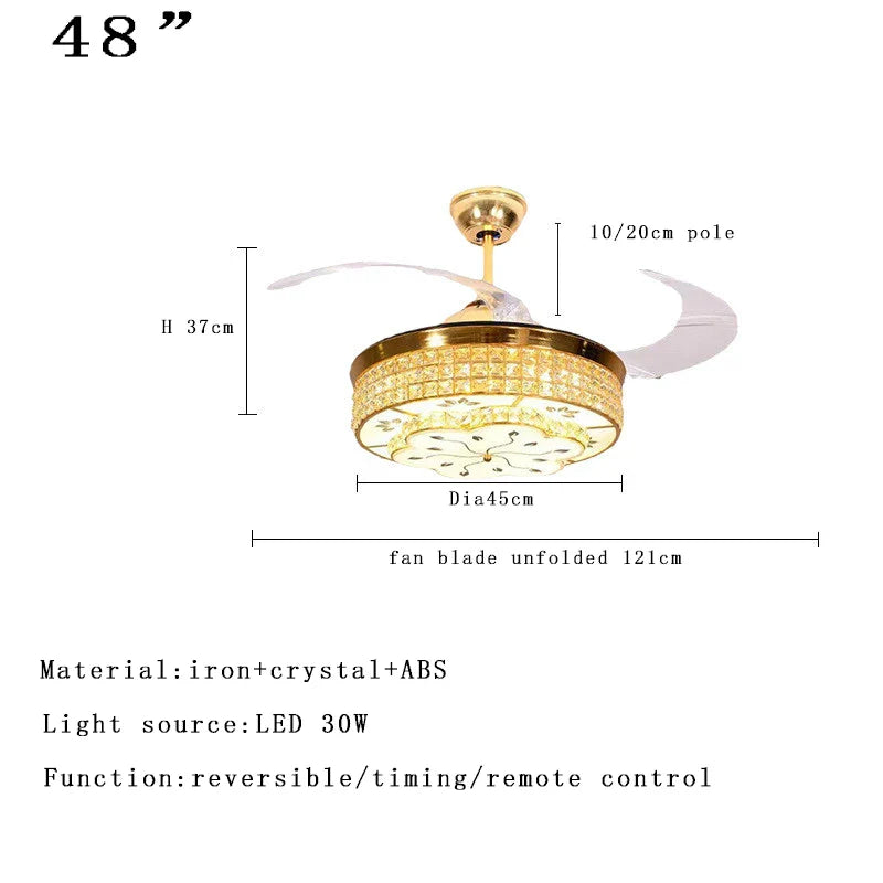 Afralia™ Luxury Crystal Ceiling Fan Lights Remote Control, Modern Retractable Chandelier Fan