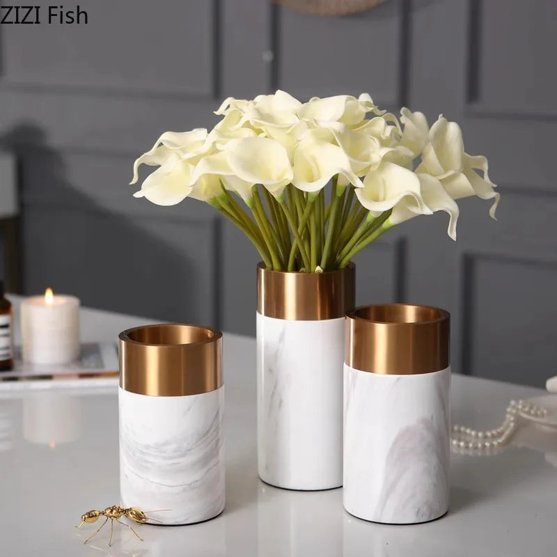 Marble Cylinder Vase by Afralia™ - Gold-plated Ceramic Desk Decor