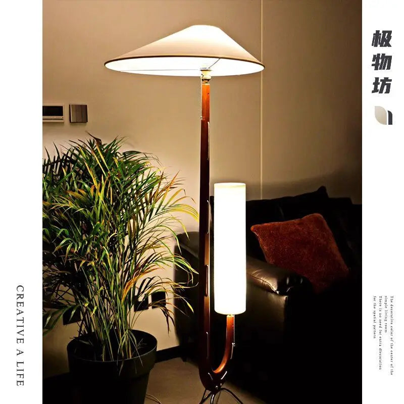 Afralia™ Solid Wood Fabric LED Floor Lamp Vintage Living Room Bedroom Standing Light