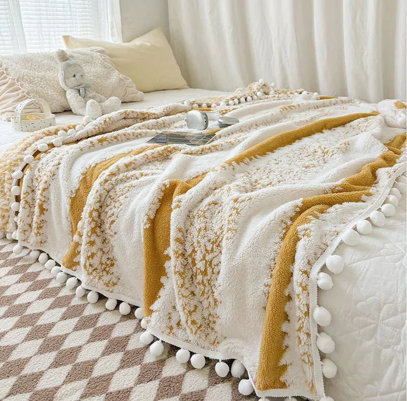 Afralia™ Jacquard Fluffy Ball Lace Blanket | Double Sided Fluff Warm Sofa Cover