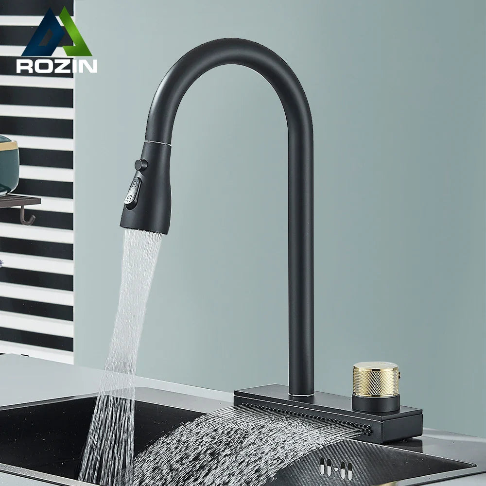 Afralia™ Black Rainwater Kitchen Faucet Flexible Pull Out 3 Way Nozzle Mixer Tap