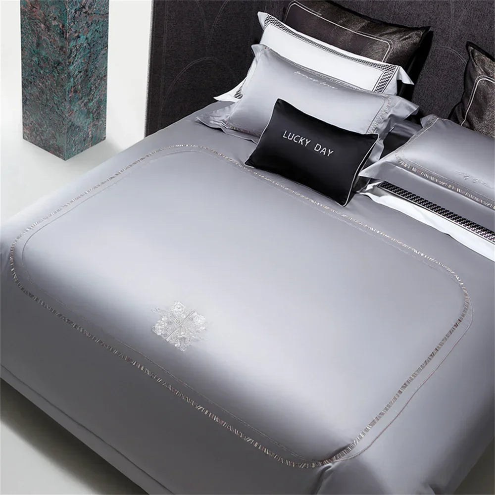 Afralia™ Cotton Satin Jacquard Embroidery Bedding Set with Elastic Sheet & Duvet Cover
