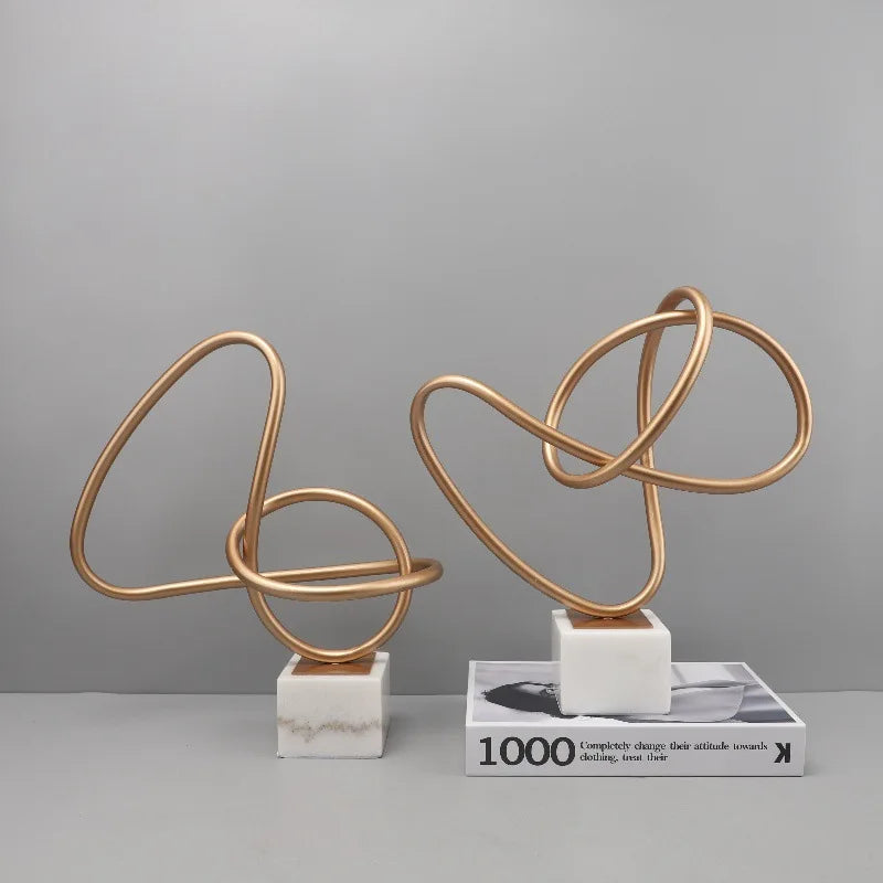Afralia™ Gold Line Geometric Metal Sculpture on Marble Base for Home Decor