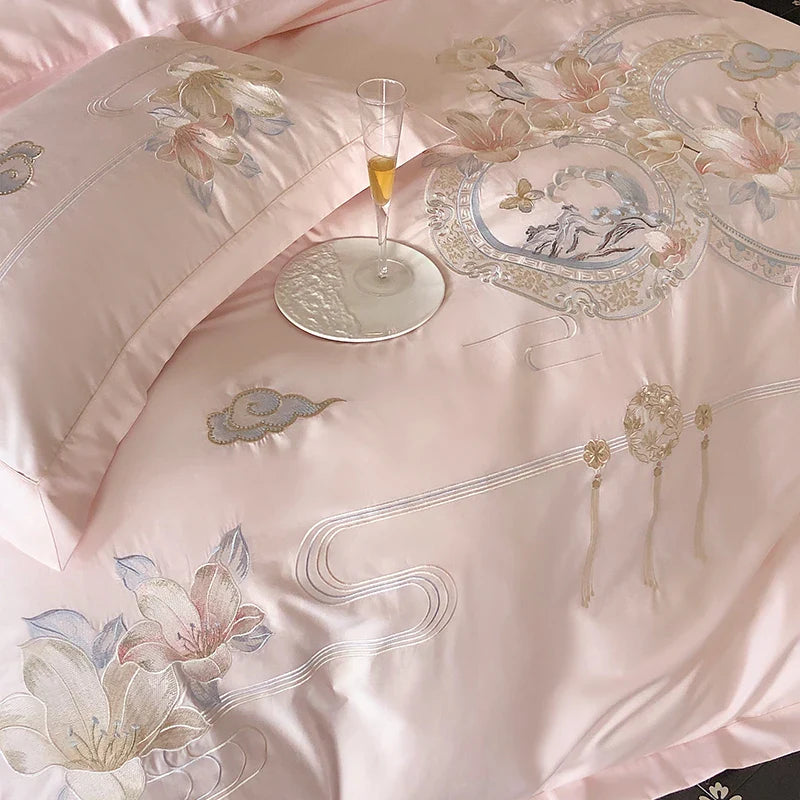 Afralia™ Luxe Floral Bird Embroidery 1000TC Egyptian Cotton Bedding Set