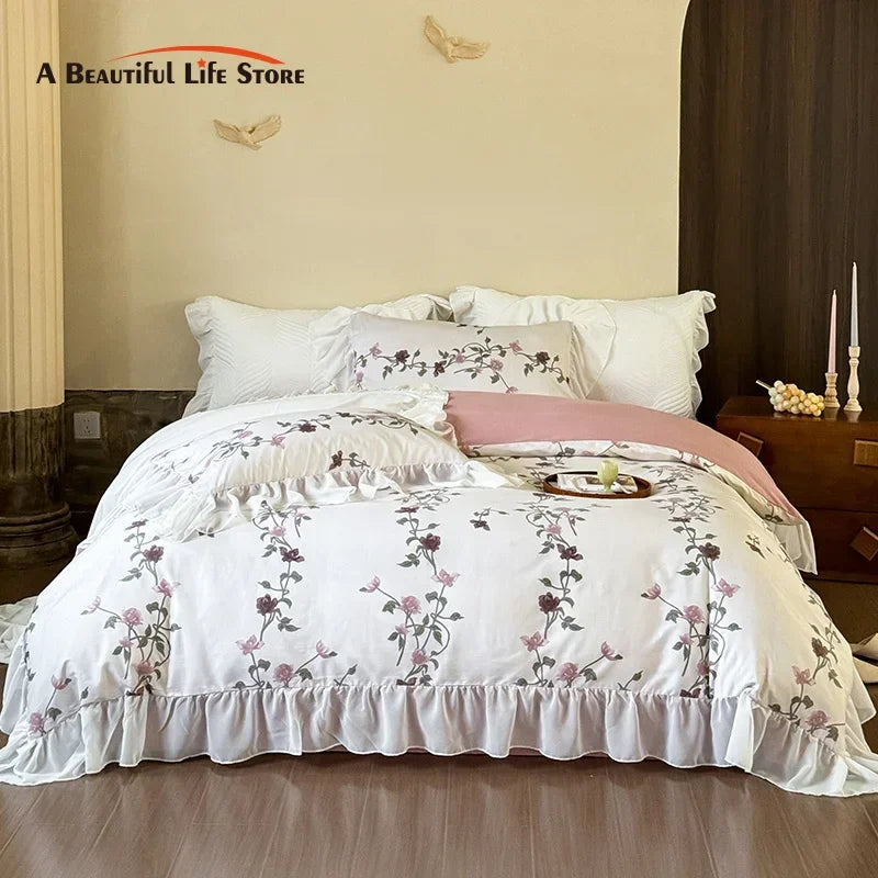 Afralia™ Lace Ruffles Princess Cotton Bedding Set, Floral Quilt Cover, Girls Wedding Home Textiles