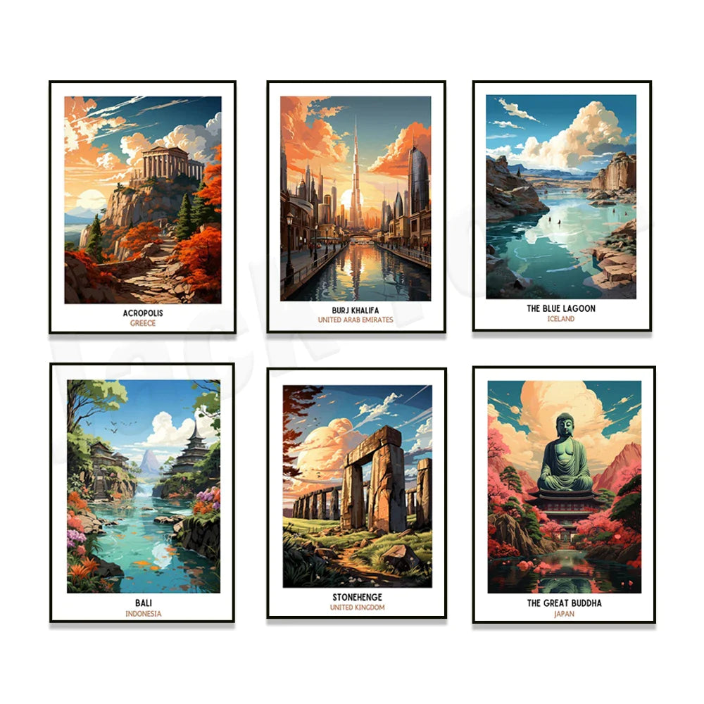 Afralia™ Travel Poster Collection: Blue Lagoon, Bali, Hagia Sophia, Louvre, Stonehenge, Vondelpark & More