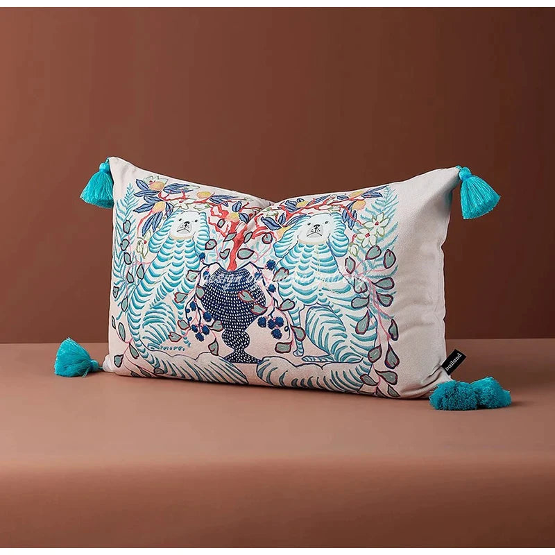 Afralia™ Handmade Lumbar Pillow Case Lion Dog Floral Decorative Cover