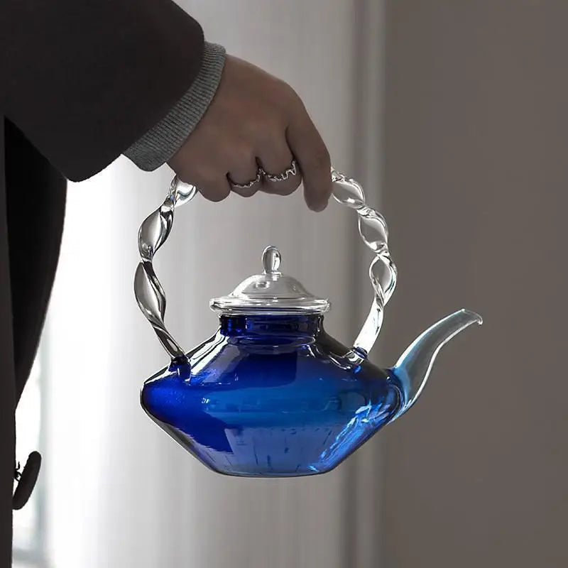 Afralia™ Blue Glass Teapot - Japanese Style Heat-Resistant Twisted Handle Glass Teapot