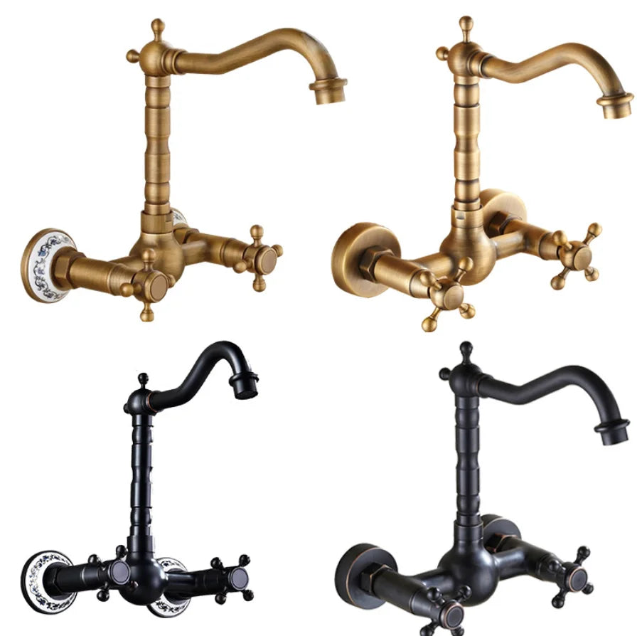 Afralia™ Brass Ceramic Wall Mount Faucet for Bathroom Washbasin - Double Handle Cold Hot Water