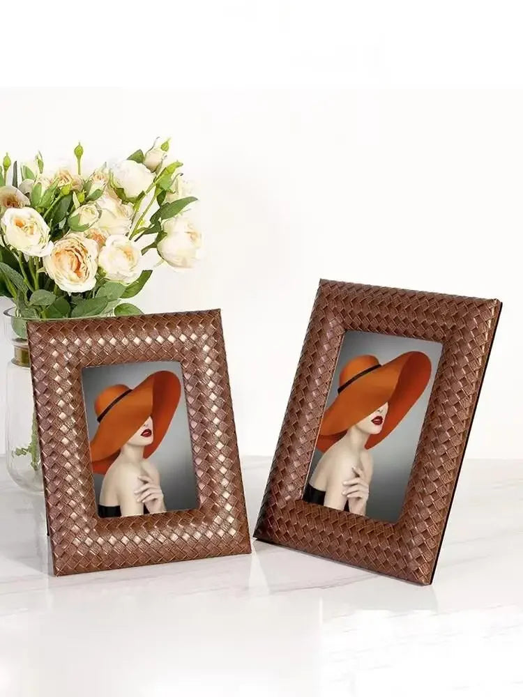 Afralia™ Hand-woven Leather Wedding Photo Gift Frame - Modern Home Decoration