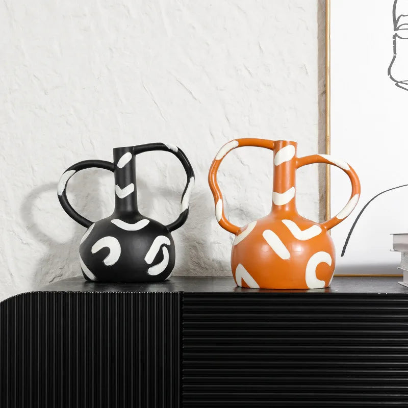 Afralia™ Geometric Striped Vase with Abstract Handle for Home Decoration