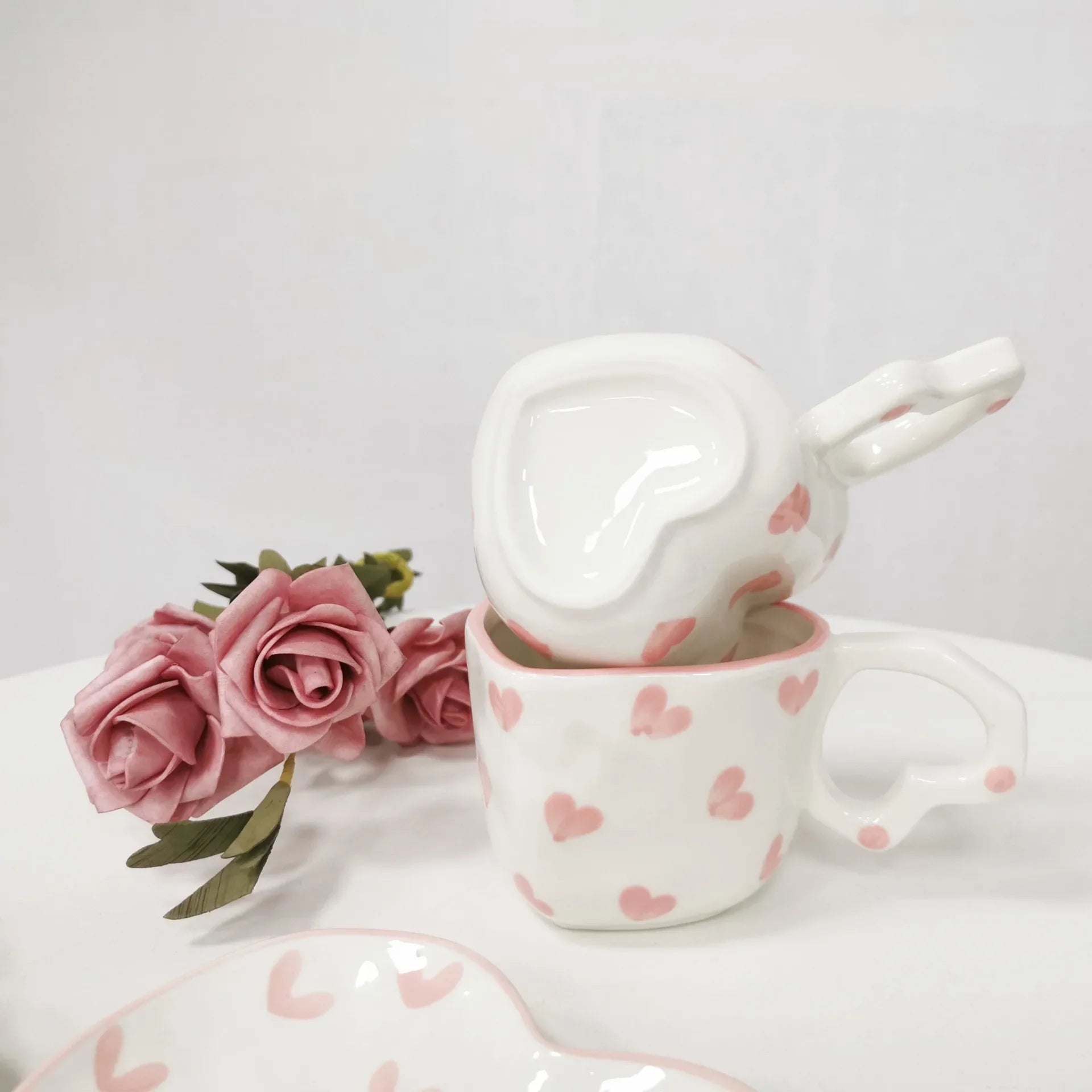 Afralia™ Hand Painted Heart Handle Ceramic Love Mug - Pink