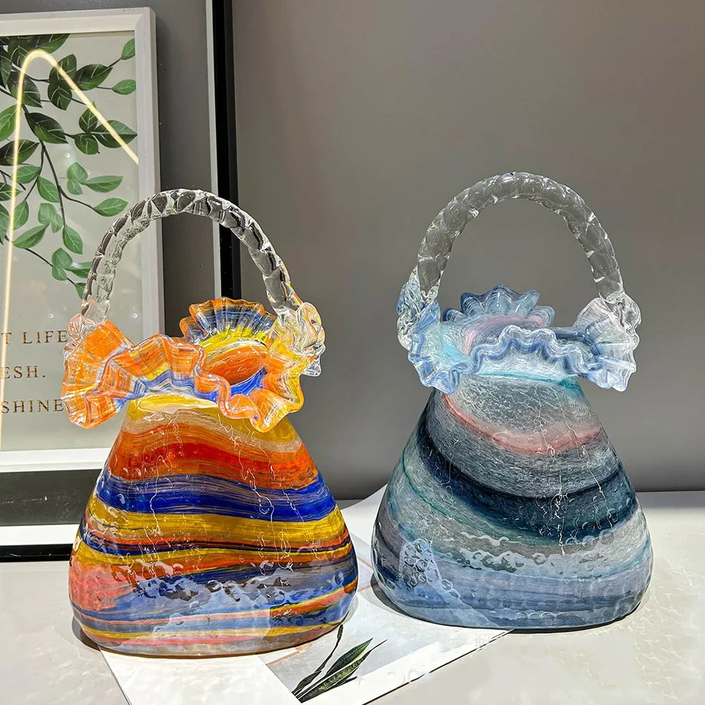Afralia™ Glass Vase Basket Handbag Flower Arrangement Home Decoration Accessories